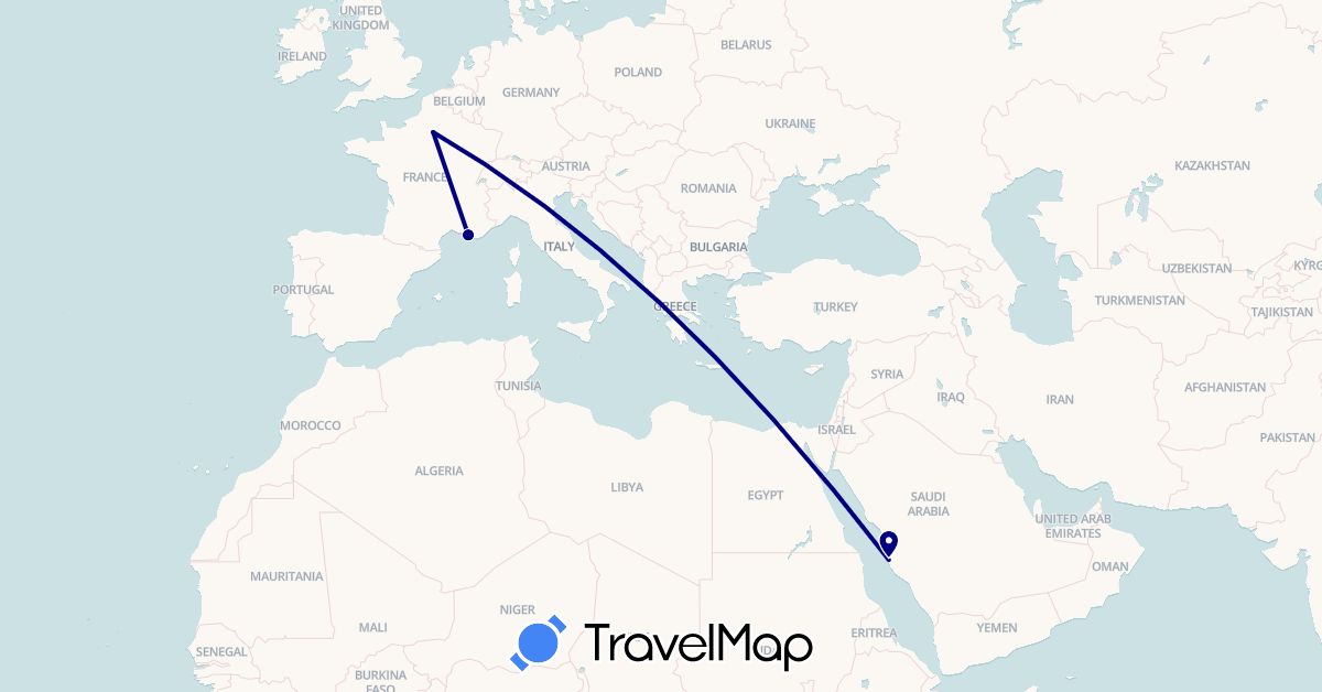 TravelMap itinerary: driving in France, Saudi Arabia (Asia, Europe)